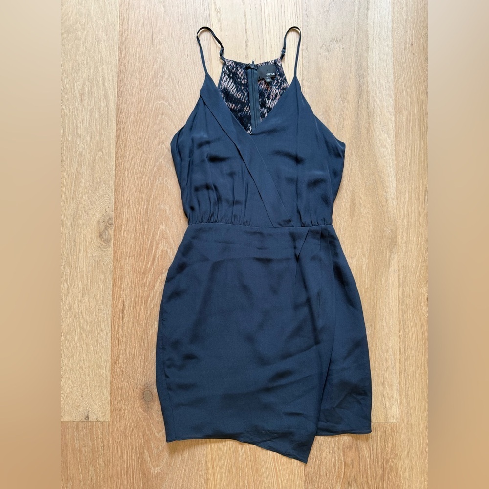 Greylin Navy Spaghetti-Strap Faux-Wrap Mini Dress